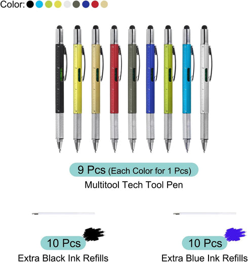 MECCANIXITY 9 Pcs 6 in 1 Multitool Tech Tool Pen Gifts for Men, Includes Ballpoint Pen, Ruler, Screwdriver, Stylus