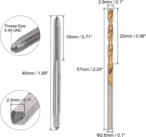 uxcell 5-40 UNC Thread Tap and 2.6mm Twist Drill Bit Set, Titanium Plated High Speed Steel for Machine Threading