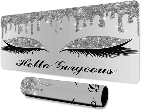 Hello Gorgeous Large Mouse Pad, 31.5x11.8x0.12 Inches, White Silver Glittering Star Pattern for Computer Desk