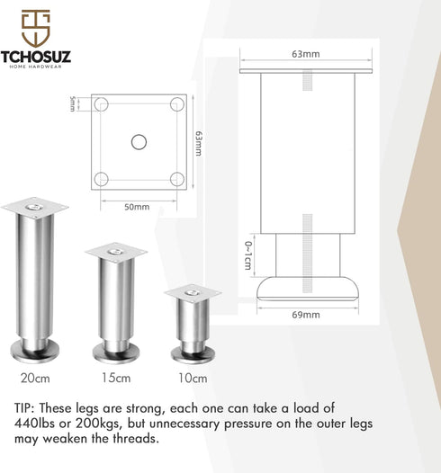 TCHOSUZ 4 Inch 4 Pack 10 cm Heavy Duty Mental Furniture Legs, Stainless Steel Tapered Feet - Replacement Legs