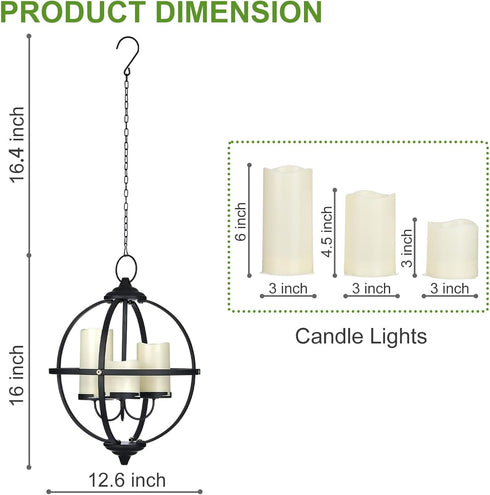 SUNNYPARK 3 12.6" Battery Operated Outdoor Candle Chandelier - Black Metal Globe Hanging Pendant Light with Flameless