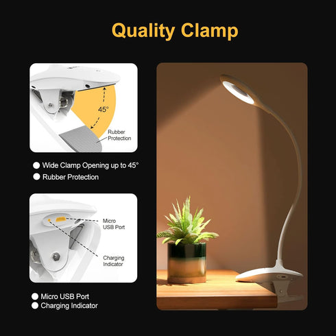 Clip on Light for Bed & Desk, Flexible Gooseneck, Battery Operated Rechargeable Clamp Lamp for Reading in Bed