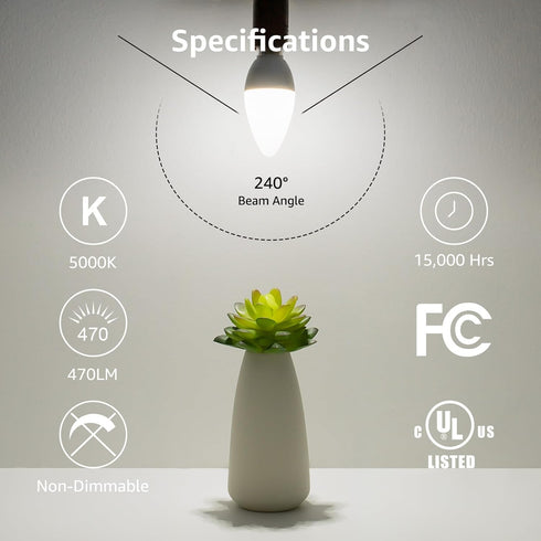 E12 Bulbs, 5000 5.5 40 B11 C37 Bulb Bulbs, Not-dimmable, 6-Pack Lepro LED Candelabra Light Kelvin Daylight White watt