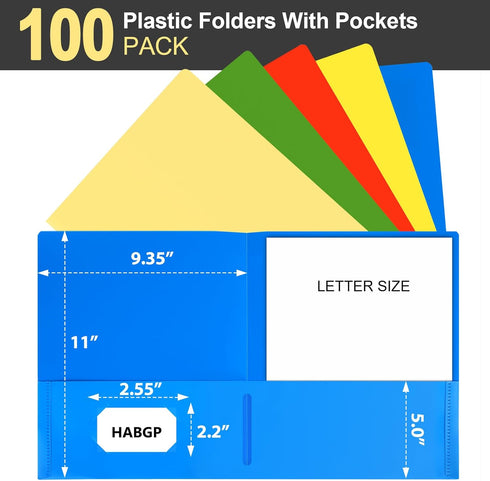 Habgp 100 Pack Plastic Folders with Pockets - 5 Color Heavy Duty Two Pocket Folder Business Card Holder for Office