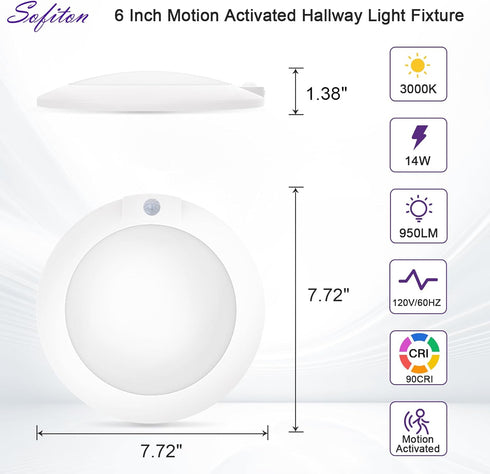 6 Inch 14W 3000K CRI90+, 950LM, Closets, 1Pack Motion Sensor Ceiling Light Indoor, Wired LED Disk Lights, ETL
