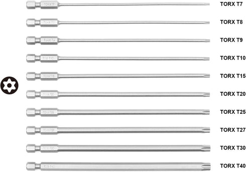 TORX Tamper Resistant Bits, Security TORX Bits (T7-T40), 150mm, 10-Pieces, High Grade S2 Steel