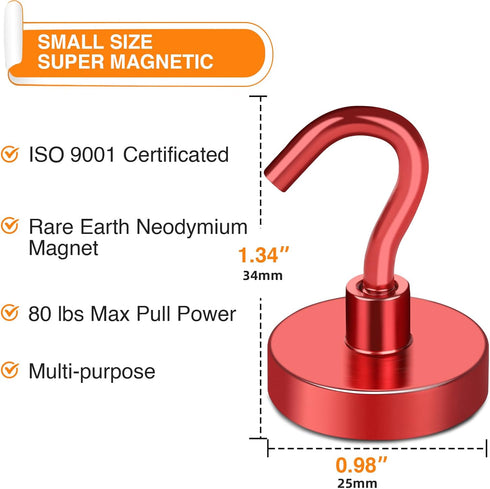 MIKEDE Heavy Duty Magnetic Hooks, 80LB Strong Neodymium Magnet with Hook for Fridge, 4 Pack (Red)