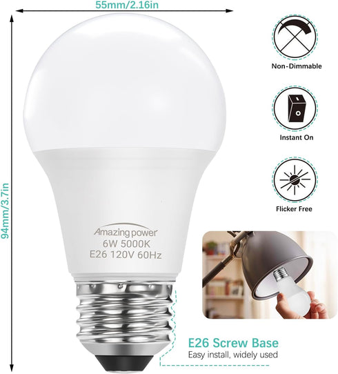 4 Pack E26 LED Bulb, 40W Equivalent, Non-Dimmable, Daylight White 5000K, 6W Bright White for Home Lighting