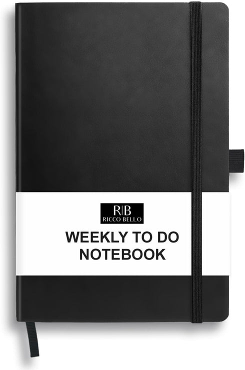 RICCO BELLO Undated Weekly Planner, To Do Notebook, Faux Leather Hardcover, 5.7 x 8.4 Inches, Black