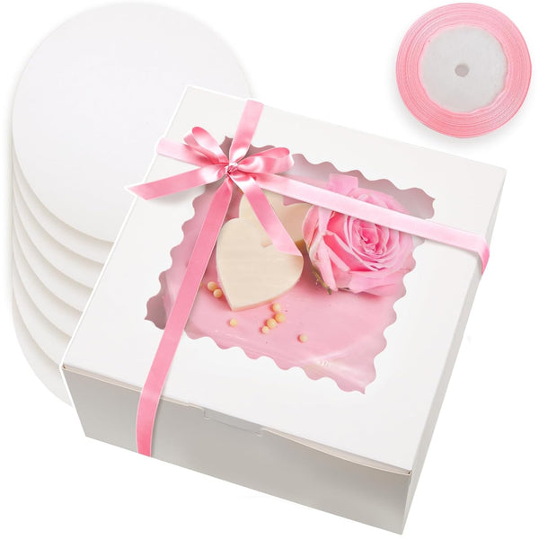 Bakepacker 36pcs Cake Boxes with Window, 8x8x5 Inches, 18-Packs White Bakery Boxes, Includes Cake Boards & Ribbon