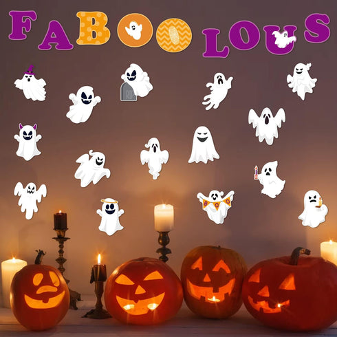 Haooryx 62Pcs Halloween Ghost Bulletin Board Decoration Set - Ghost Patterned Paper Cut-Outs for Halloween Party Decor