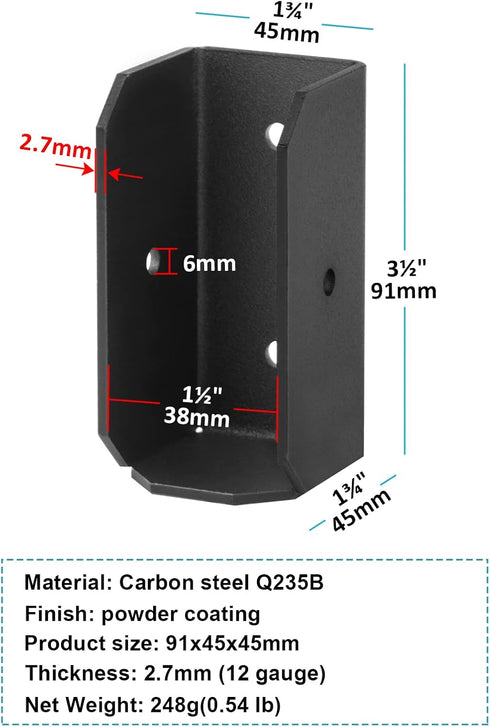 8 Pack 2x4 Black Joist Hanger, 12 Gauge Steel Deck Railing Bracket for Wooden Lumber Stair Handrail
