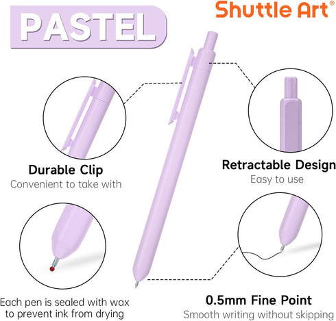 Retractable Pastel Gel Ink Pens, Shuttle Art 15 Pack Black Ink Pens, Cute Pens 0.5mm Fine Point for Writing Journaling Taking Notes School Office Home by Shuttle Art