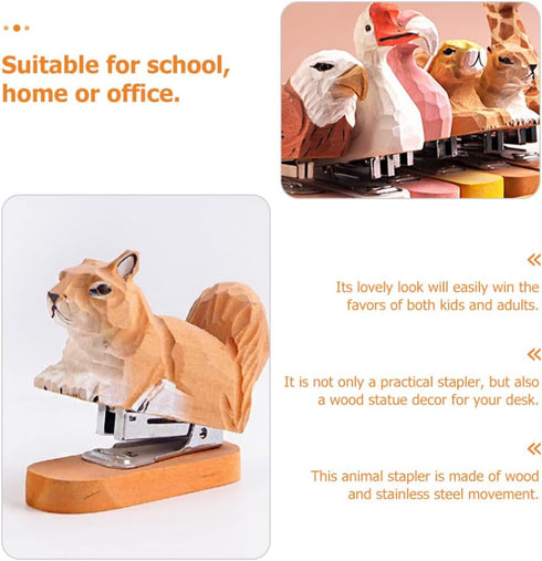 Wooden Animal Stapler Set, Squirrel Desktop Stapler, Handmade Wood Carving for Office Stationery
