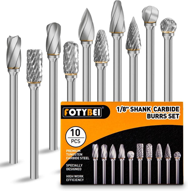 Carbide Burr Set Compatible with Dremel Rotary Tool, 10Pcs Die Grinder Bits with 1/8” Shank for Woodworking and Metal