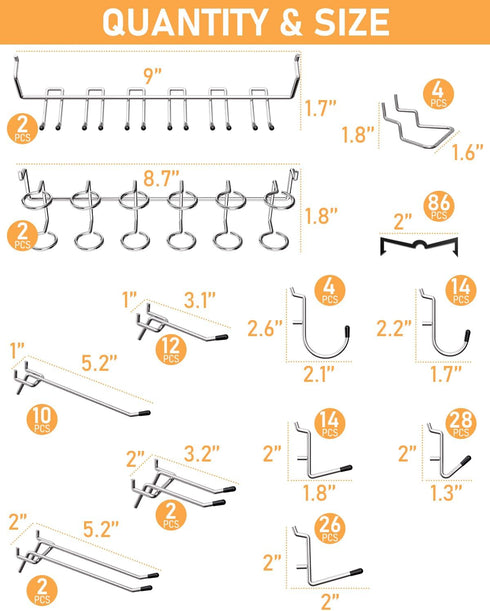 INCLY Pegboard Hooks Set, 206PCS Heavy Duty Peg Hook Hanger & Holder for 1/4 1/8 Inch Pegboard
