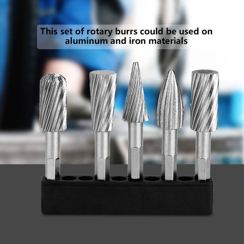 Rotary Burr Set 5pcs High Speed Steel 1/4inch Hex Shank Tools for Carving, Shaping, and Edge Removal