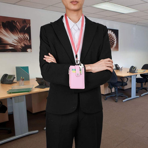 HASFINE ID Badge Holder with Lanyard, 2 Sided 5 Card Slots Wallet with PU Leather Zipper Pocket, Pink