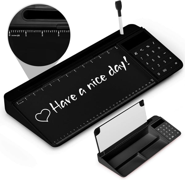 Desktop Glass Whiteboard with Ruler Marker, Calculator (12 Digit LCD Display), Tilted Keyboard Stand, Black