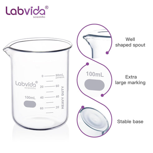 10pcs 100ml Upgraded Thick Glass Beakers, Griffin Low Form Set with Double Scale, 3.3 Boro, LVA024