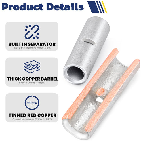 Haisstronica 220pcs Non Insulated Butt Connectors Kit for Wiring, Pure Copper AWG24-8 Crimp Connector