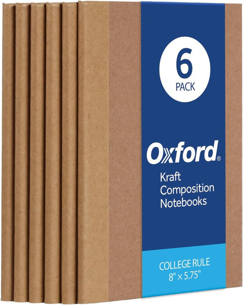 Oxford Composition Notebook, 6 Pack, College Ruled Paper, 5.75 x 8 Inches, Small Size, 60 Sheets, Kraft Covers (63831)