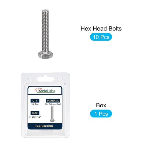 Hex Bolts 10Pcs (1/4-20x1-1/2"), 304 Stainless Steel UNC Fully Threaded Hex Head Screw Bolt Machine Screws