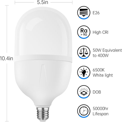 Super Bright Light Bulbs, 400-500W Equivalent Exceed 5000LM E26 LED Bulb, 6500K Daylight 50 Watt High Lumen LED Bulb for Home, Shopping mall, Hotel, Factory, Warehouse, Garage (50, Watts) by Bullishman