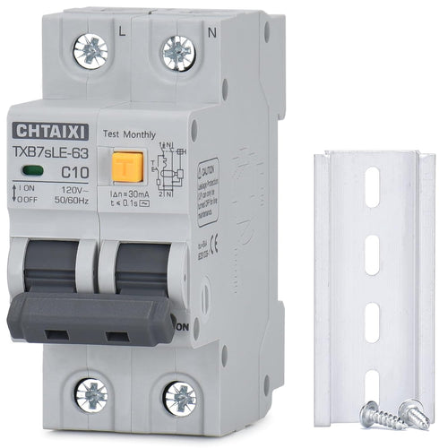 Ground Fault Circuit Breaker, 10 Amp 120V AC, DIN Rail Mount, Thermal-Magnetic Trip Protection