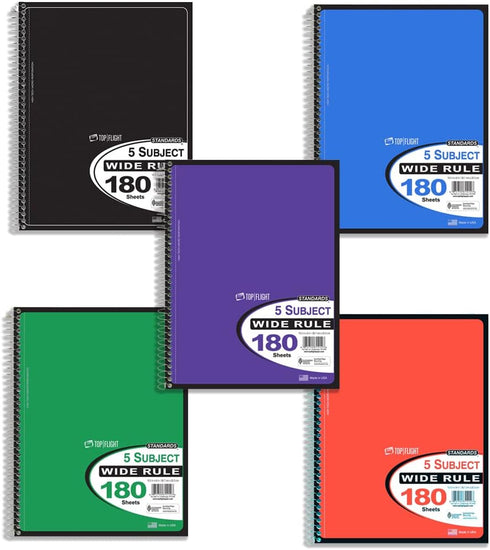 Top Flight Standards 5-Subject Wirebound Notebook, 180 Sheets, 3-Hole Punched, Wide Rule, 10.5 x 8 Inches