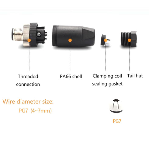 5Pcs M12 4 Pin Female Connector, Field Assembly Wireable Adapter 12mm IP67 Waterproof Straight Sensor A Code Unshielded