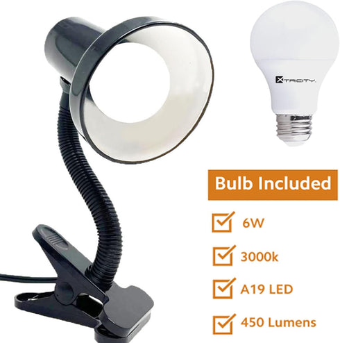 Xtricity Clip on Desk Lamp, 360° Flexible Gooseneck with 6W A19 Bulb, 10.25” Height Black Finish Reading Light (2 Pack)