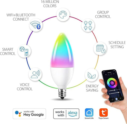 Bulbs 60W 450LM 5W Bulb 16 Bulb, 2.4G (E12) (2) Candelabra Smart Light Equivalent, LED Compatible with Alexa/Google
