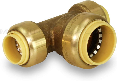 Supply Giant VQFU121234 Push Tees, 1/2 Inch x 1/2 Inch x 3/4 Inch Long Push-Fit Fittings, No Lead DZR Brass