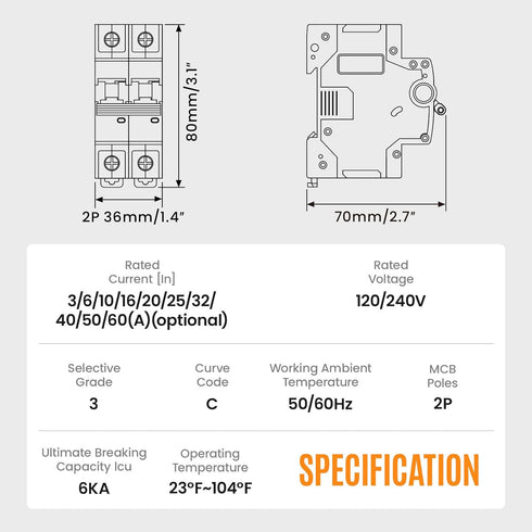 Miniature Circuit Breaker 120/240VAC 16A Double Pole, DIN Rail Mount, Thermal Magnetic AC Disconnect Switch