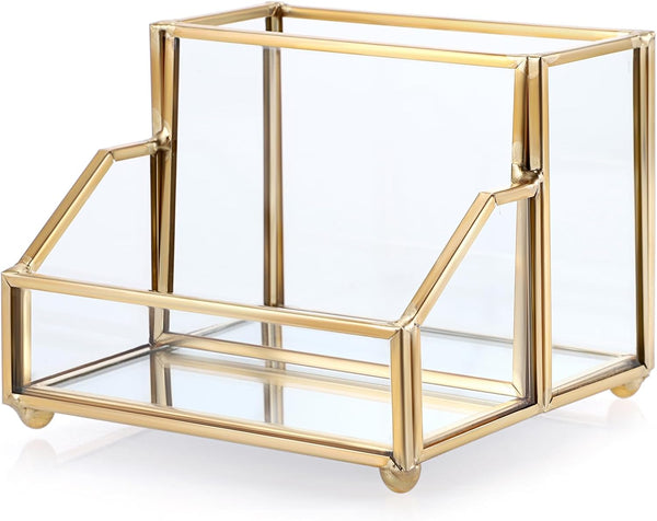 Hipiwe Glass Business Card Holder Stand with Pen/Pencil Organizer, Gold Business Name Cards Display Holder for Home