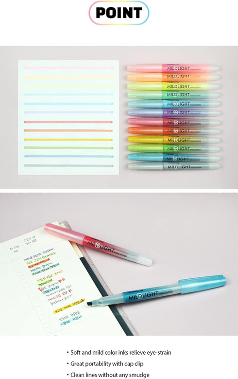 LINEPLUS Mildlight Highlighter Cool 6-Color Set, Soft Pastel Colors for Note-taking and Studying