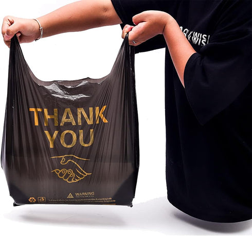 50 pcs Thank You Plastic Grocery Bags, Reusable T Shirt Bags for Store Shopping, Black