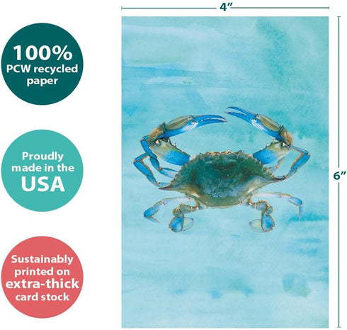 Tree-Free Greetings Blue Crab All Occasion Cards - 12 Recycled Notecards & White Envelopes, Thick Cardstock