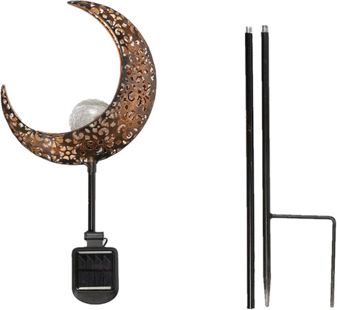 Garden Solar Light Outdoor Decorative - Moon Crackle Glass Globe Stake Metal Lights, Waterproof Warm White LED