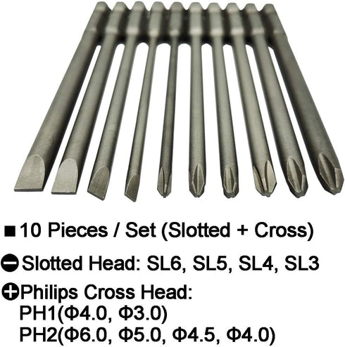 Long Slotted Head and Cross Phillips Screwdriver Bit Sets, 10Pcs with 1/4 Inch Hex Shank, 4 Inch Length