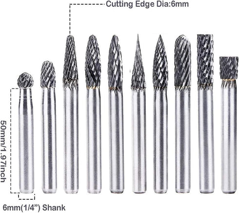 10pc Tungsten Carbide Burr Set, 1/4" Shank Double Cut Rotary Cutting Bits for Woodworking