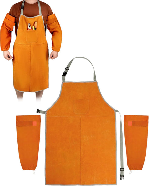 Set, QWORK Welding Apron& Sleeves, Welding Work Protectors Heat and Flame Resistant Leather Work Shop, Blacksmith