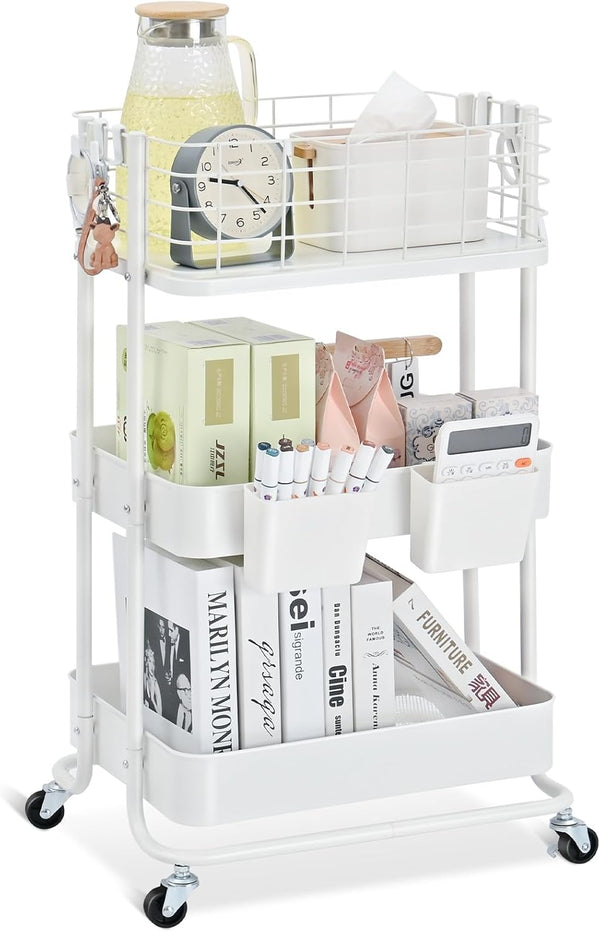 KINGRACK 3 Tier Metal Rolling Utility Cart, Small Storage Organizer with Wheels for Kitchen, Office, Bathroom