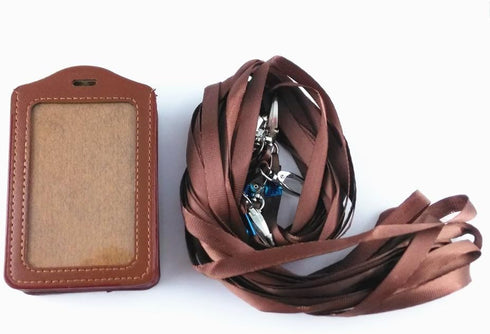 yueton 10pcs Vertical Style Leather Business ID Badge Holder - Brown with Long Neck Strap Lanyard