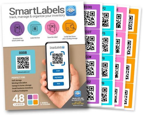 QR Code Smart Labels, Color Coded Scannable Stickers for Storage Bins, Moving Containers & Organization, Pack of 48