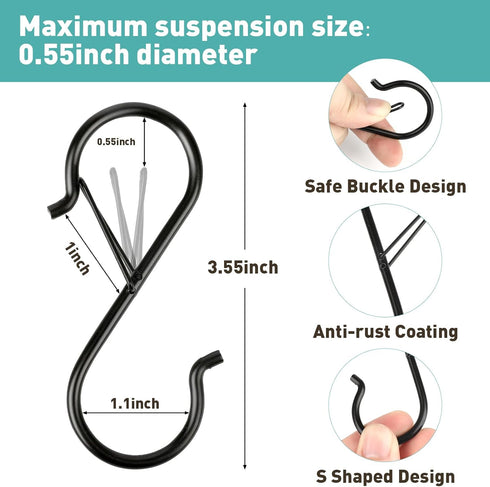 12 Pcs S Hooks Hanging Safety Buckle, 3.5 Inch Stainless-Steel Heavy-Duty S Hooks, Kitchen Pot Rack Hooks, Closet Hooks for Hanging Kitchen Utensil, Pots and Pans, Clothes, Plants, Towels, Bags by Navona