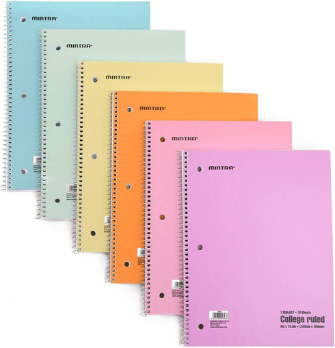 Spiral Notebooks - 6 Pack, Pastel, College Ruled, 70 Sheets, For School, Office, Business, Professional