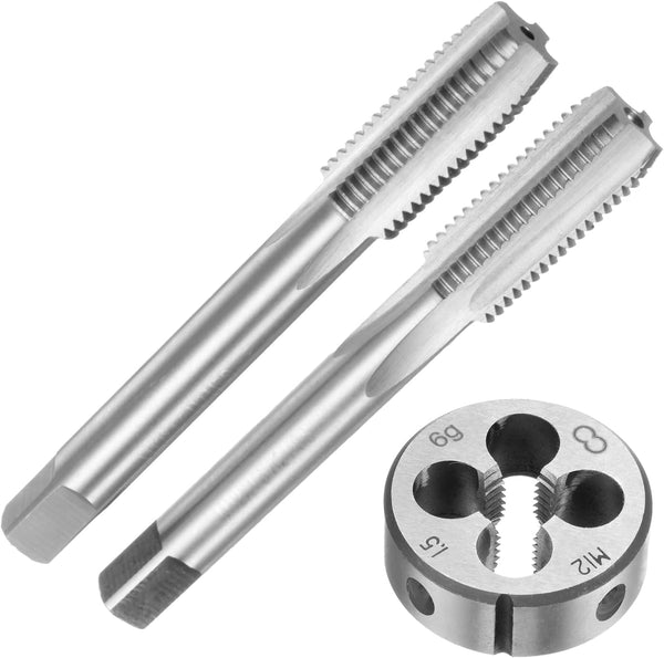uxcell 3pcs Metric Hand Tap and Die Set - M12 x 1.5 Taper/Plug Thread Taps & Round Die for Thread Repair