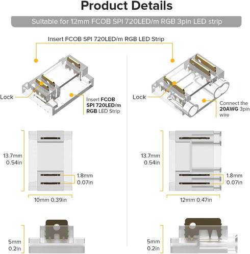 BTF-LIGHTING 3Pin 12mm Width Transparent Connector Kit, 8 Pairs of Wire to Strip Connectors for LED Strip